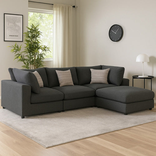 Serena 4pc Modular Sectional Sofa | Ottoman | 3 Pillows | Gray Jacquard
