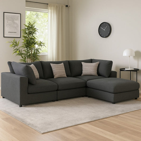 Serena 4pc Modular Sectional Sofa | Ottoman | 3 Pillows | Gray Jacquard