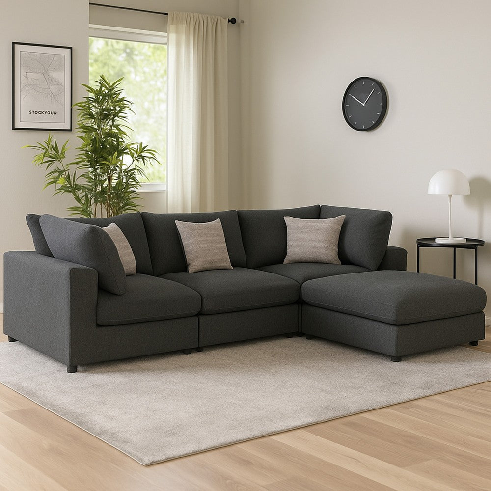 Serena 4pc Modular Sectional Sofa | Ottoman | 3 Pillows | Gray Jacquard
