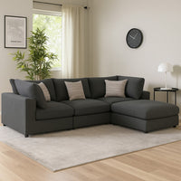 Serena 4pc Modular Sectional Sofa | Ottoman | 3 Pillows | Gray Jacquard