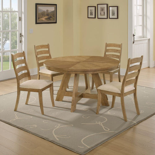 Danie 5pc Round Dining Table Set | Oak Brown Hardwood | 4 Beige Chairs