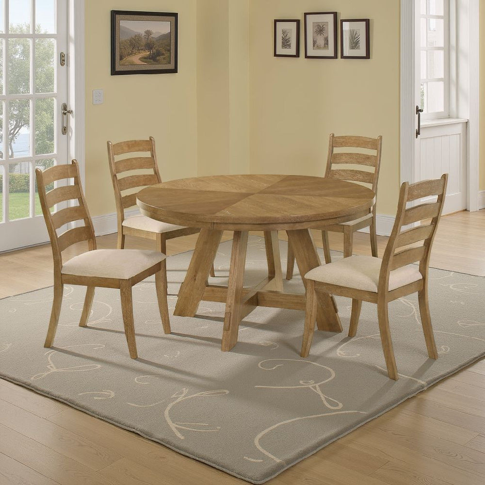 Danie 5pc Round Dining Table Set | Oak Brown Hardwood | 4 Beige Chairs