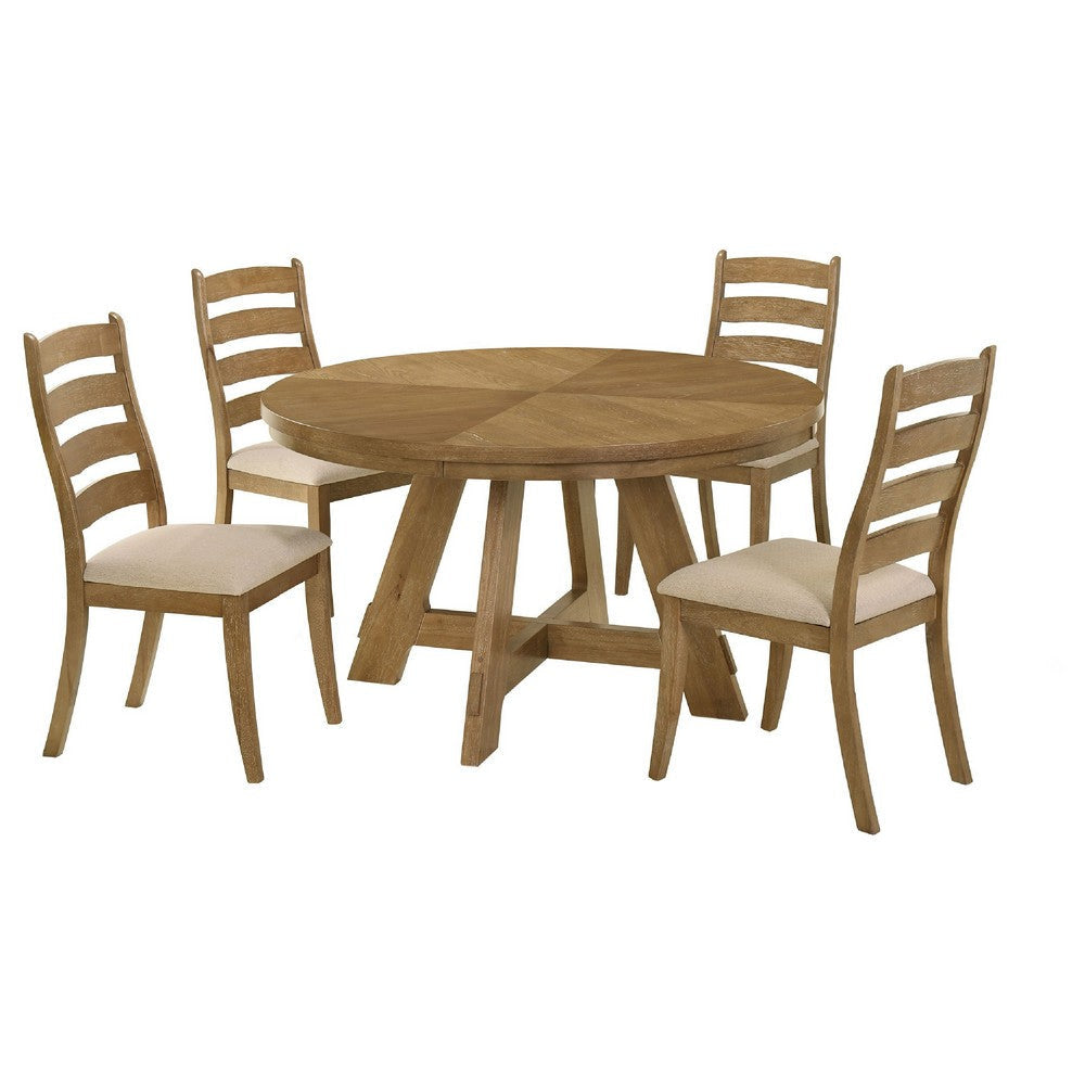 Danie 5pc Round Dining Table Set | Oak Brown Hardwood | 4 Beige Chairs