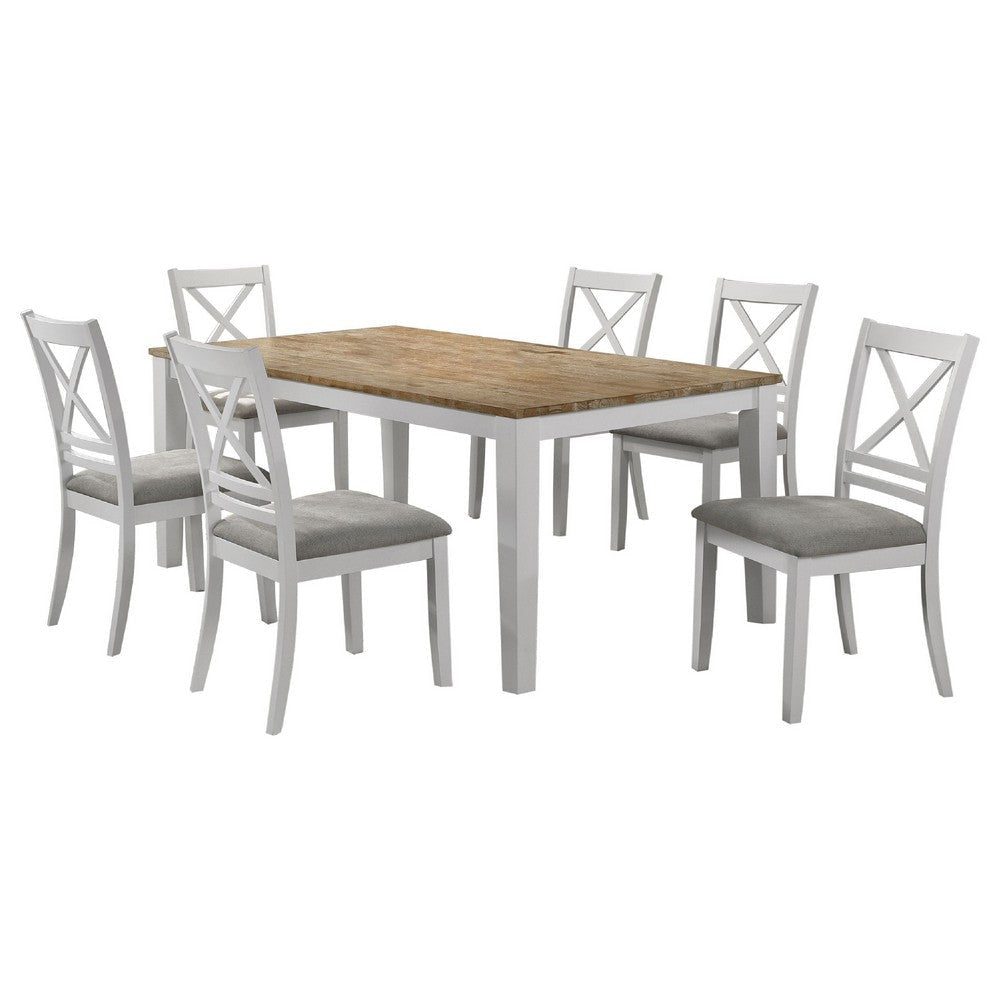 Hoa 7pc Dining Table Set | Natural Brown & White Wood | 6 Side Chairs