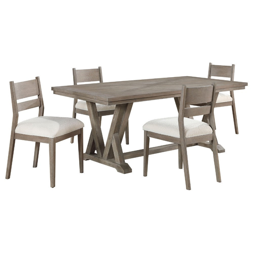 Elia 5pc Dining Table Set | Coastal Gray Hardwood | 4 Ivory White Chairs