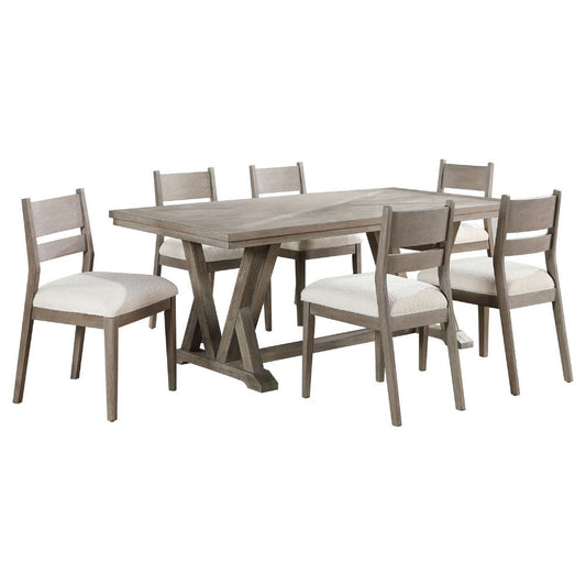 Elia 7pc Dining Table Set | Coastal Gray Hardwood | 6 Ivory White Chairs
