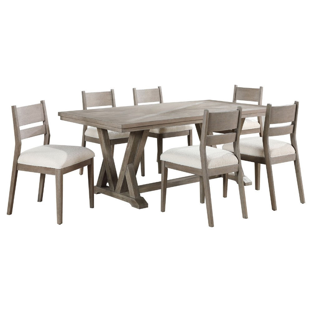 Elia 7pc Dining Table Set | Coastal Gray Hardwood | 6 Ivory White Chairs