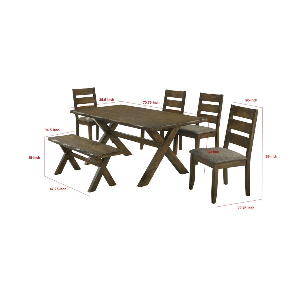 Siny 6pc Dining Table Set | Nutmeg Brown Finish | 4 Padded Chairs | 1 Bench BM337995