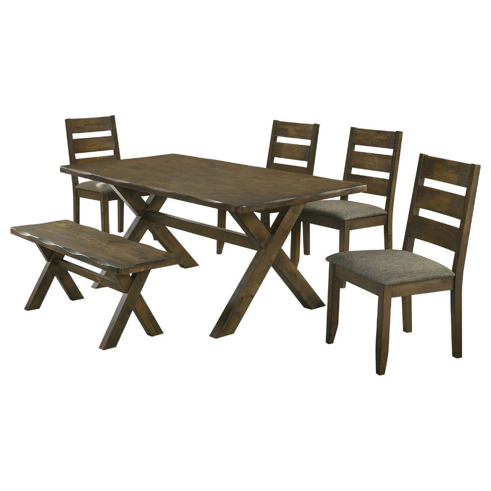 Siny 6pc Dining Table Set | Nutmeg Brown Finish | 4 Padded Chairs | 1 Bench