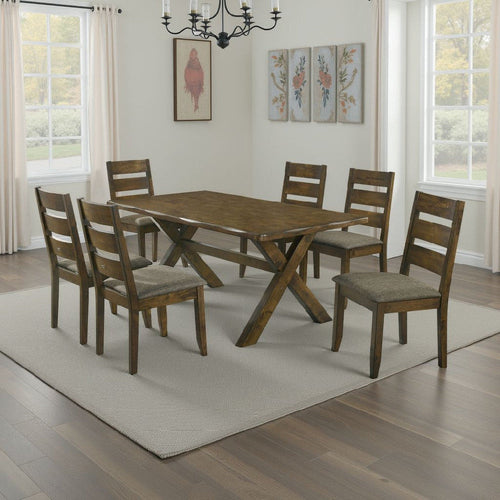 Siny 7pc Dining Table Set | Nutmeg Brown Finish | 6 Padded Side Chairs