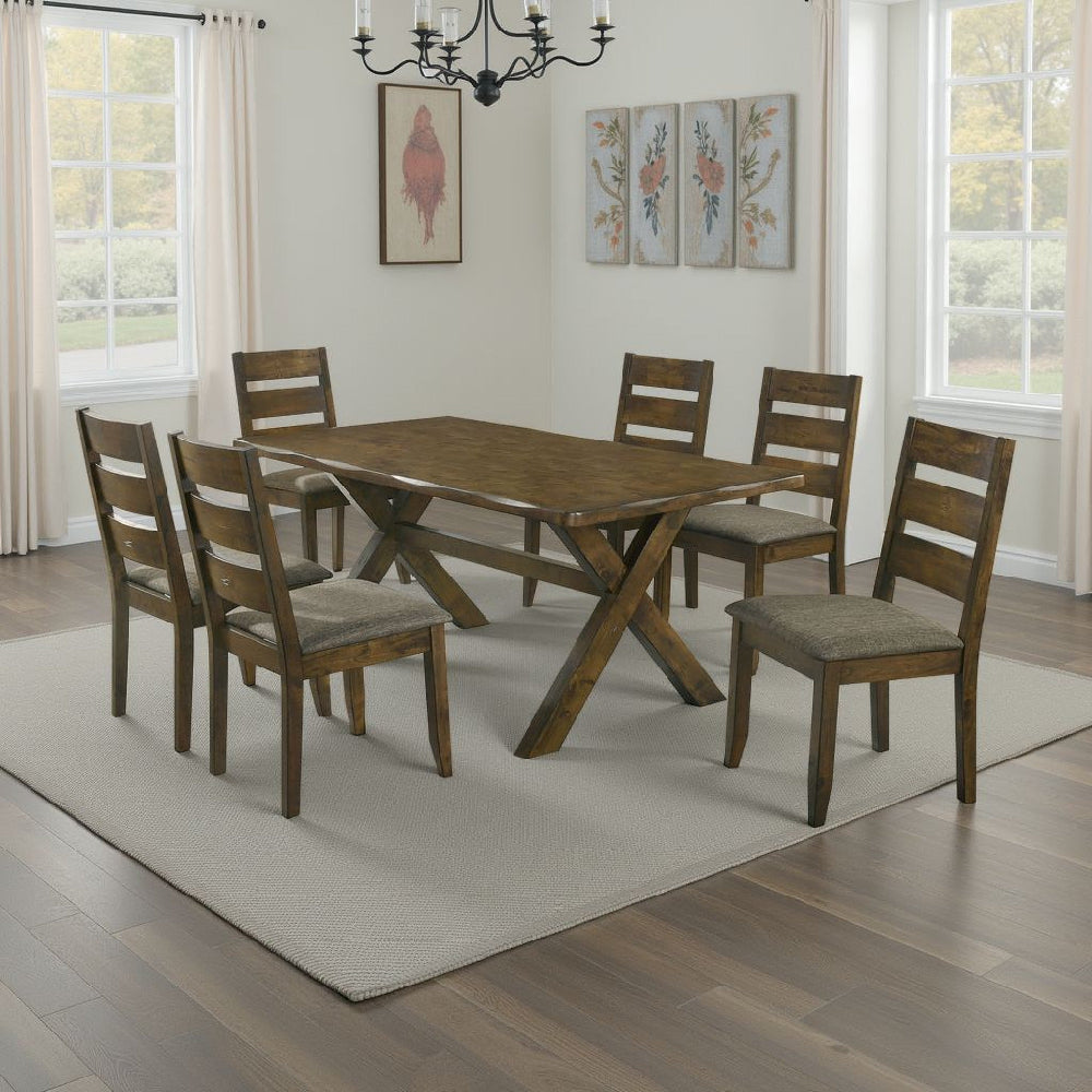 Siny 7pc Dining Table Set | Nutmeg Brown Finish | 6 Padded Side Chairs