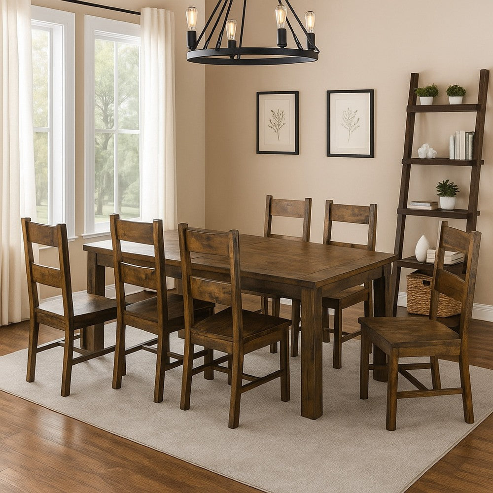 Caly 7pc Dining Table Set | Golden Brown | 6 Side Chairs | Beige Seats