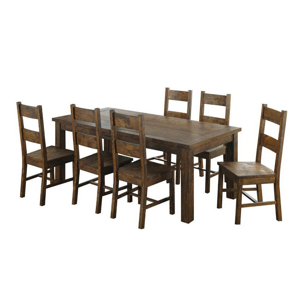 Caly 7pc Dining Table Set | Golden Brown | 6 Side Chairs | Beige Seats