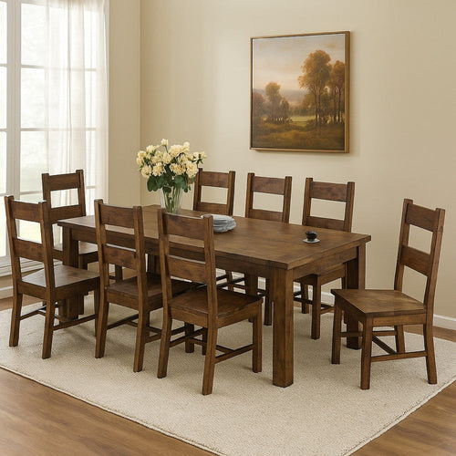 Caly 9pc Dining Table Set | Golden Brown | 8 Side Chairs | Beige Seats