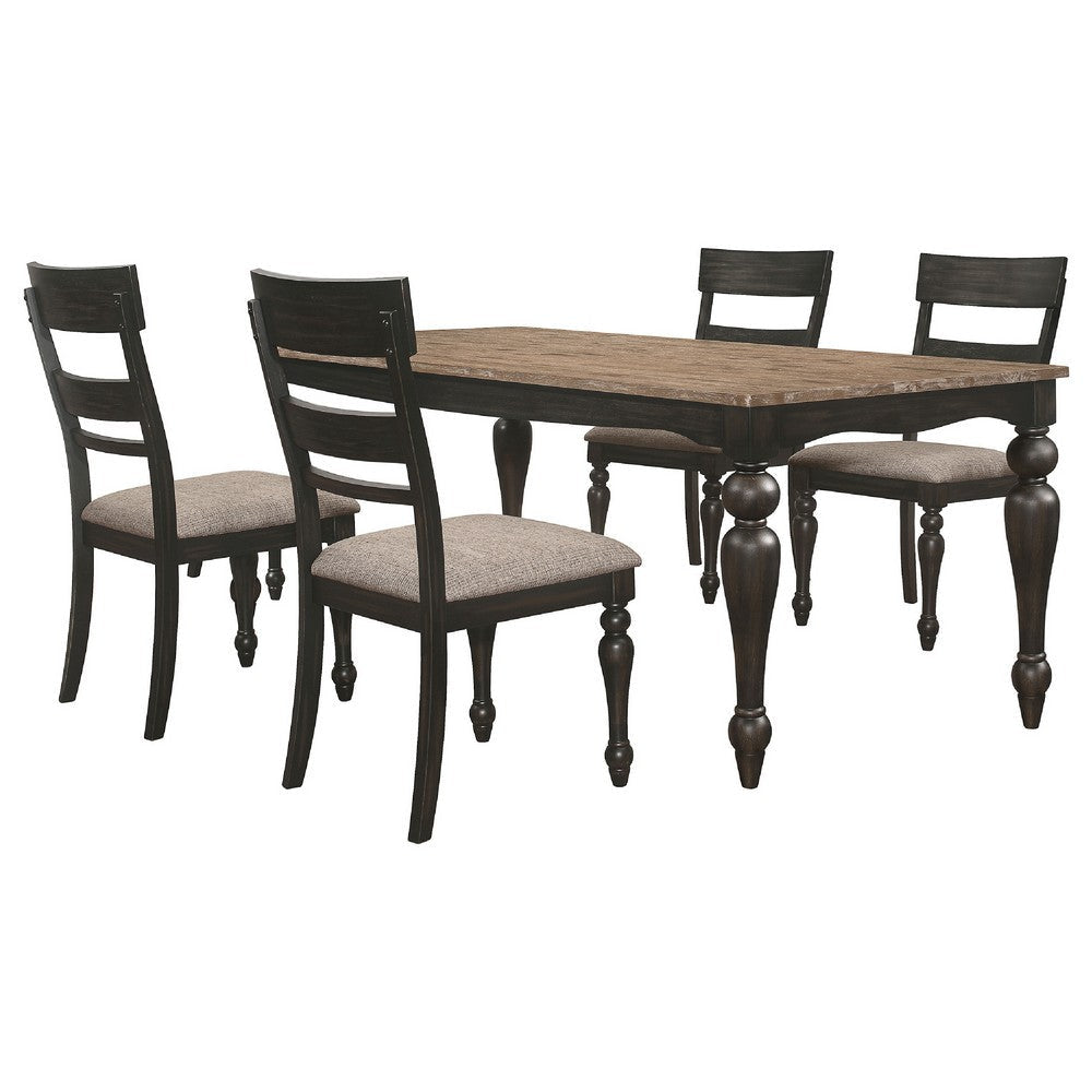 Brad 5pc Dining Table Set | Brushed Hardwood Top | 4 Chairs Light Brown Seats