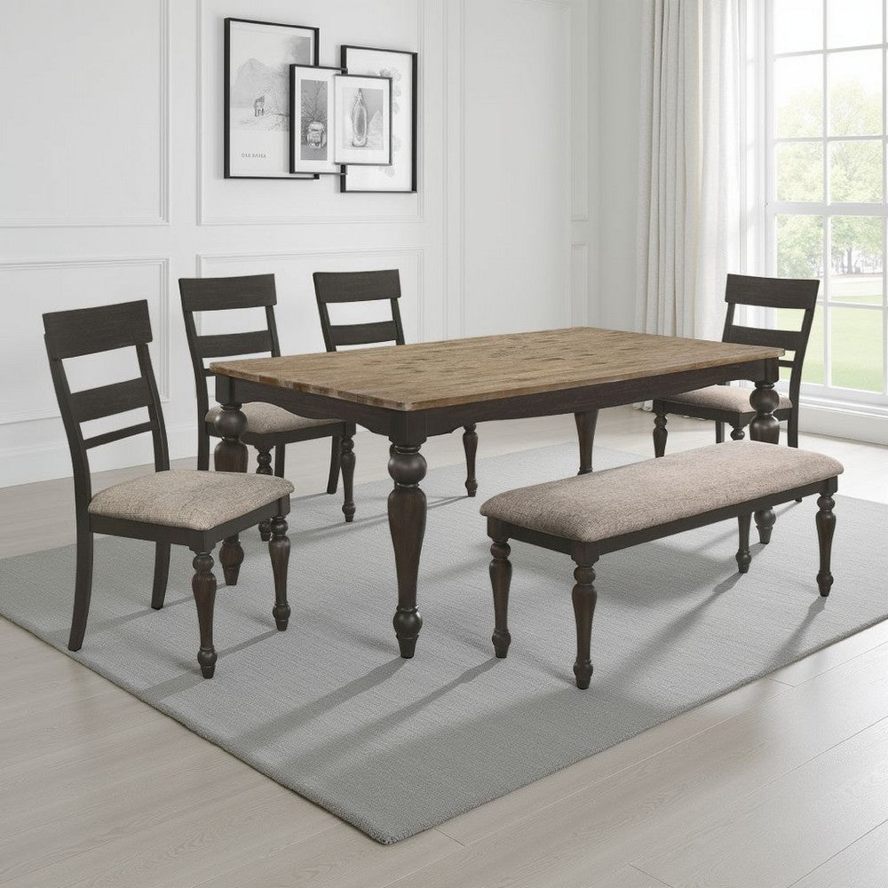 Brad 6pc Dining Table Set | Brushed Hardwood | 4 Chairs & Bench | Light Brown