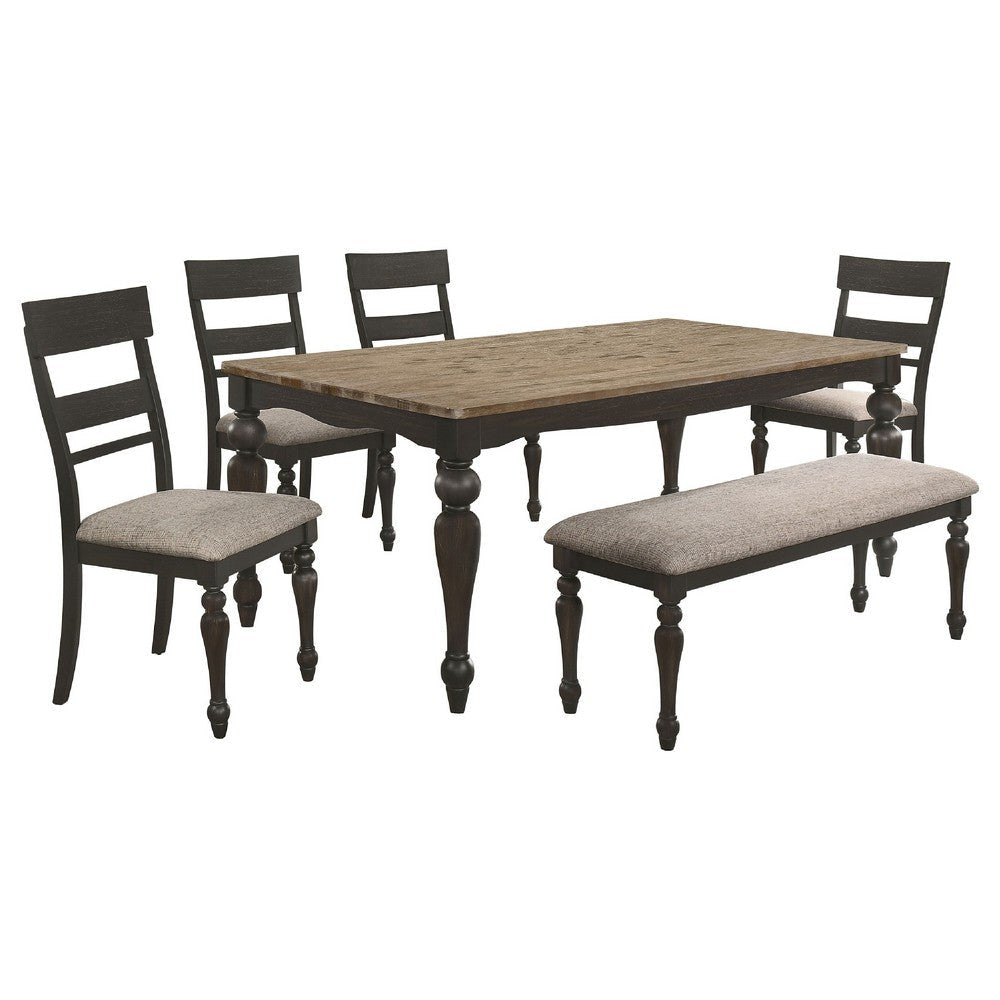 Brad 6pc Dining Table Set | Brushed Hardwood | 4 Chairs & Bench | Light Brown