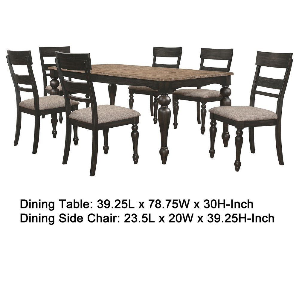 Brad 7pc Dining Table Set | Brushed Hardwood Top | 6 Chairs Light Brown Seats BM338004