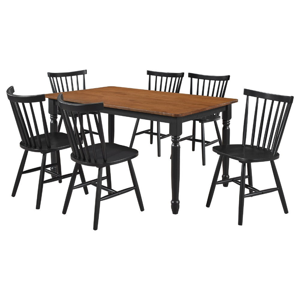 Halie 7pc Dining Table Set | Walnut Brown Wood | 6 Spindle Back Chairs