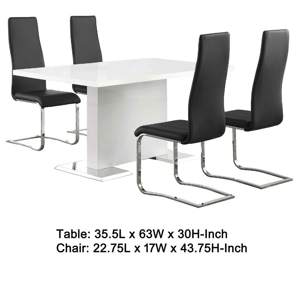 Feni 5pc Dining Table and 4 Black Faux Leather Chairs | White Gloss BM338019