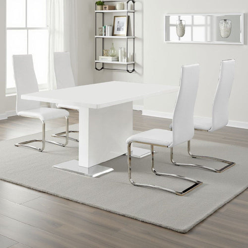 Feni 5pc Dining Table and 4 White Faux Leather Chairs | Gloss