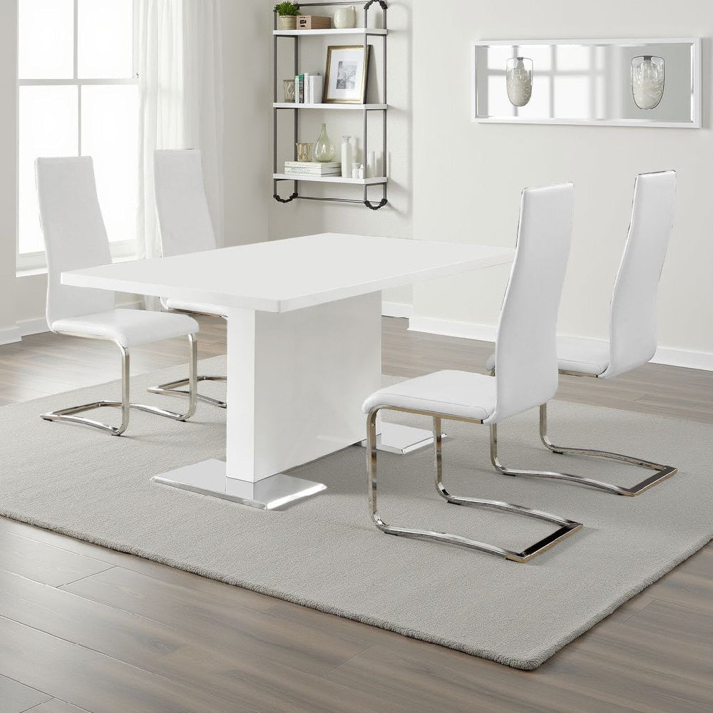 Feni 5pc Dining Table and 4 White Faux Leather Chairs | Gloss
