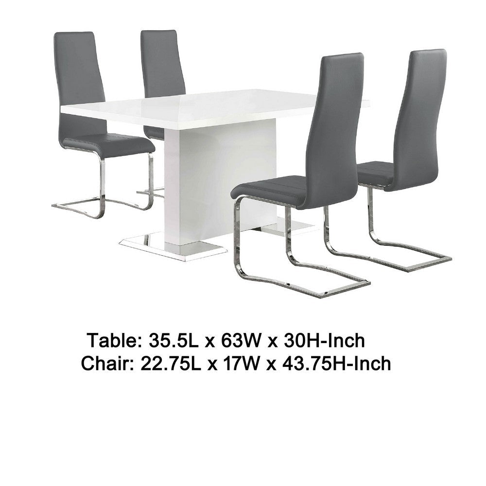Feni 5pc Dining Table and 4 Gray Faux Leather Chairs | White Gloss BM338021