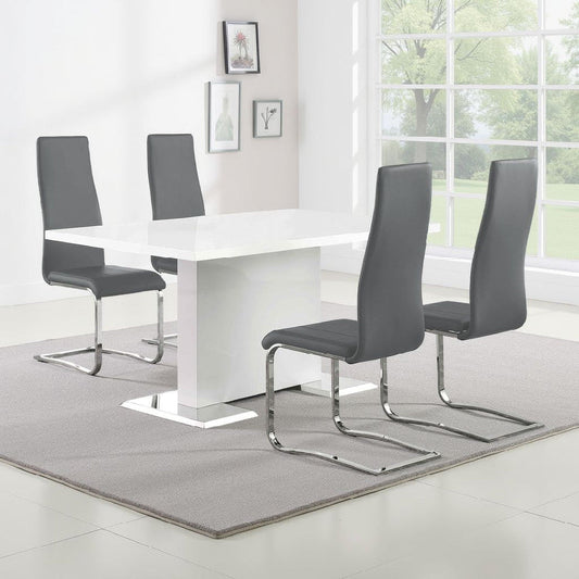 Feni 5pc Dining Table and 4 Gray Faux Leather Chairs | White Gloss