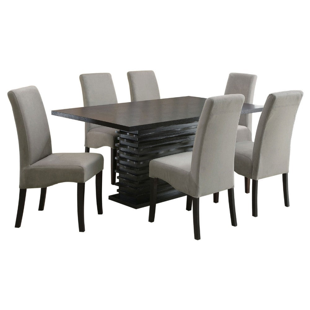 Tela 7pc Dining Table and 6 Chairs Set | Black Pedestal Base | Gray