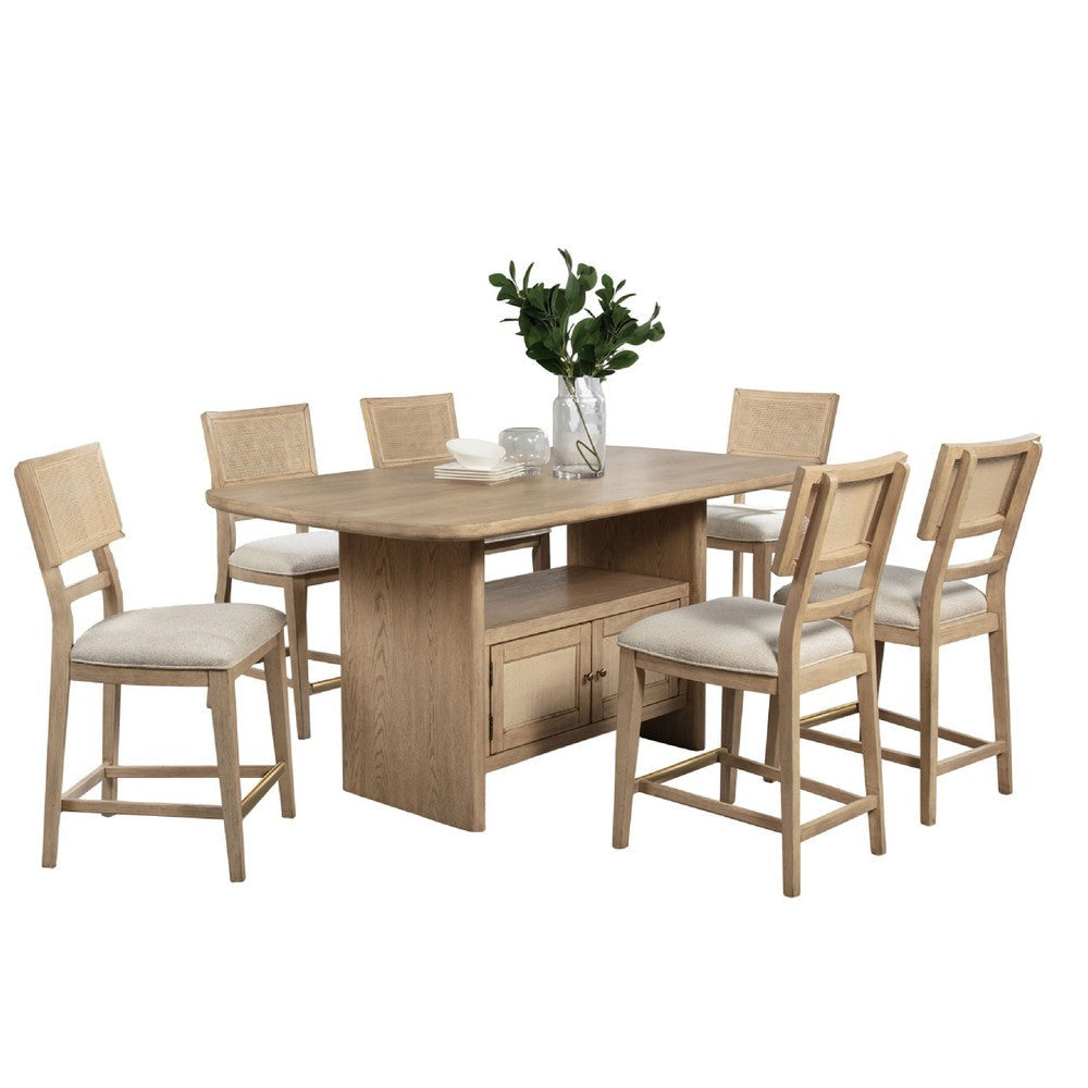 Lno 7-Piece Counter Height Dining Set, 6 Chairs, Beige Wood, Gold