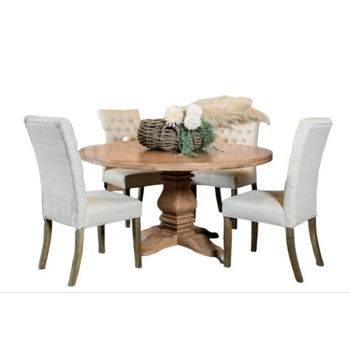 Som 5pc Round Dining Table Set | 4 Oatmeal Button Tufted Fabric Chairs