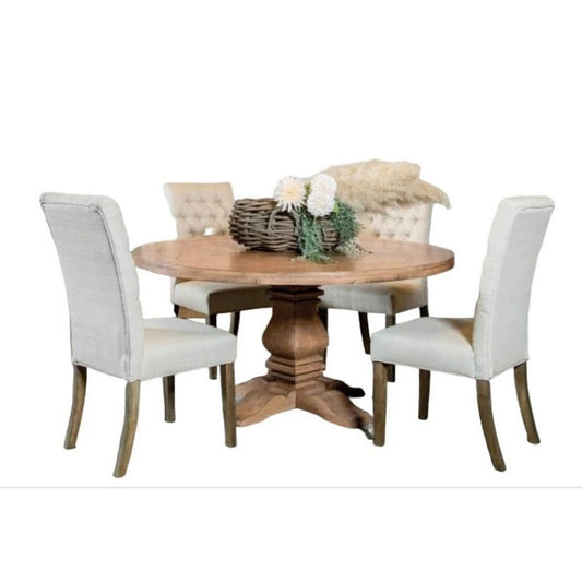 Som 5pc Round Dining Table Set | 4 Oatmeal Button Tufted Fabric Chairs