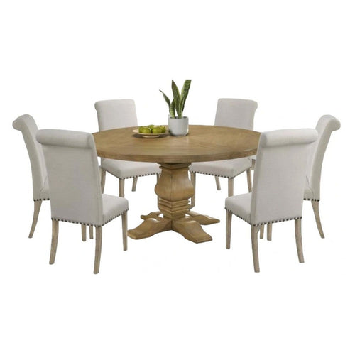 Som 7pc Round Dining Table Set with 6 Beige High-Back Fabric Chairs