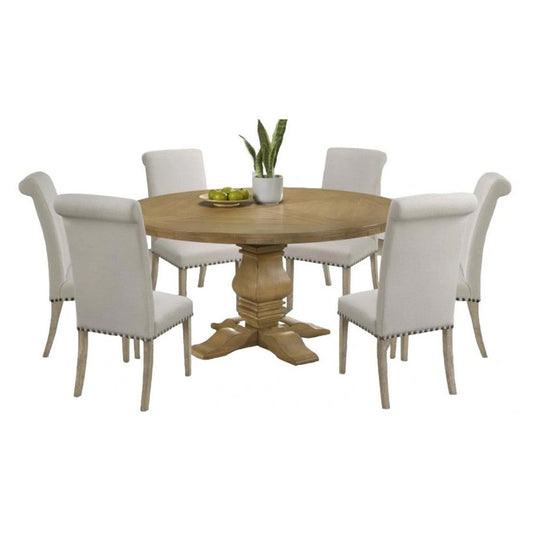 Som 7pc Round Dining Table Set with 6 Beige High-Back Fabric Chairs