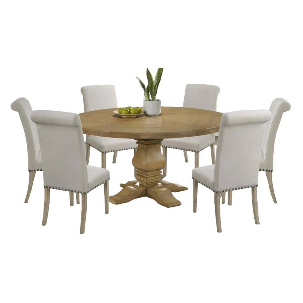 Som 7pc Round Dining Table Set with 6 Beige High-Back Fabric Chairs