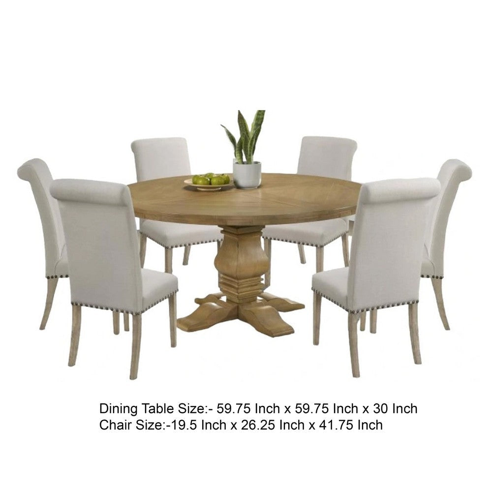 Som 7pc Round Dining Table Set with 6 Beige High-Back Fabric Chairs BM338056