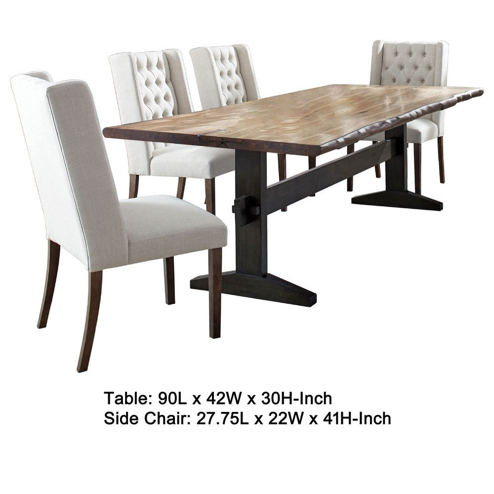 Bexly 5pc Dining Table Set | Honey Brown | 4 Beige Button Tufted Chairs BM338059