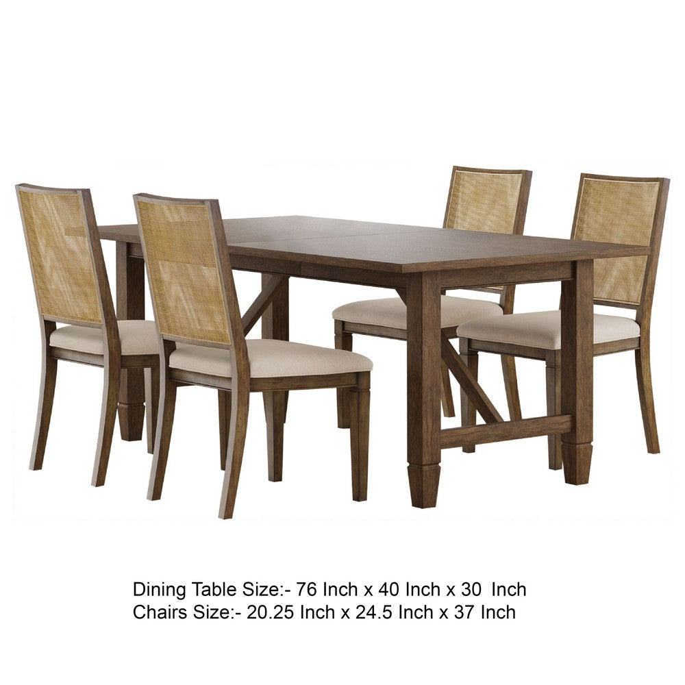 Andy 5pc Dining Table Set | Cane Rattan | Brown Wood | Beige Fabric BM338061