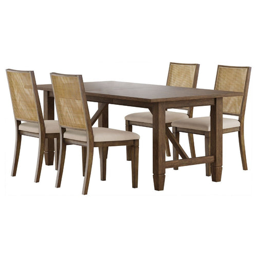 Andy 5pc Dining Table Set | Cane Rattan | Brown Wood | Beige Fabric
