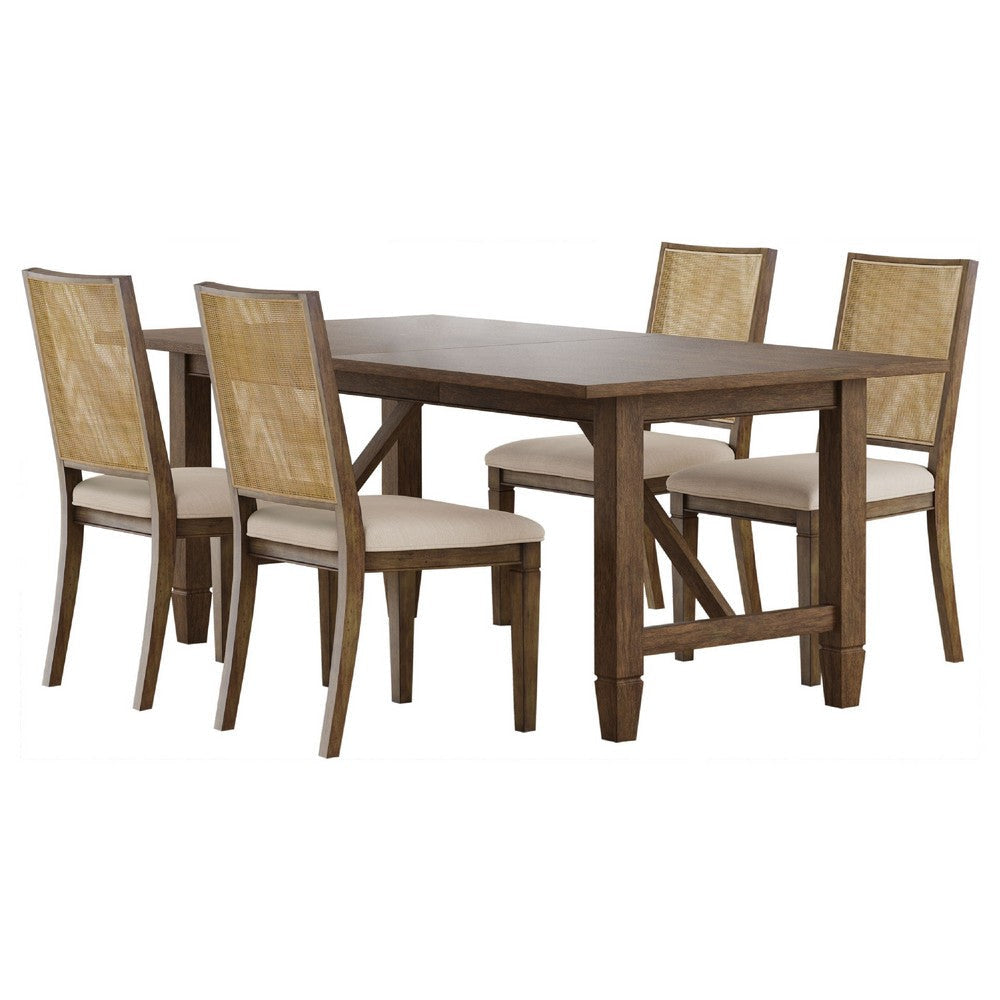 Andy 5pc Dining Table Set | Cane Rattan | Brown Wood | Beige Fabric
