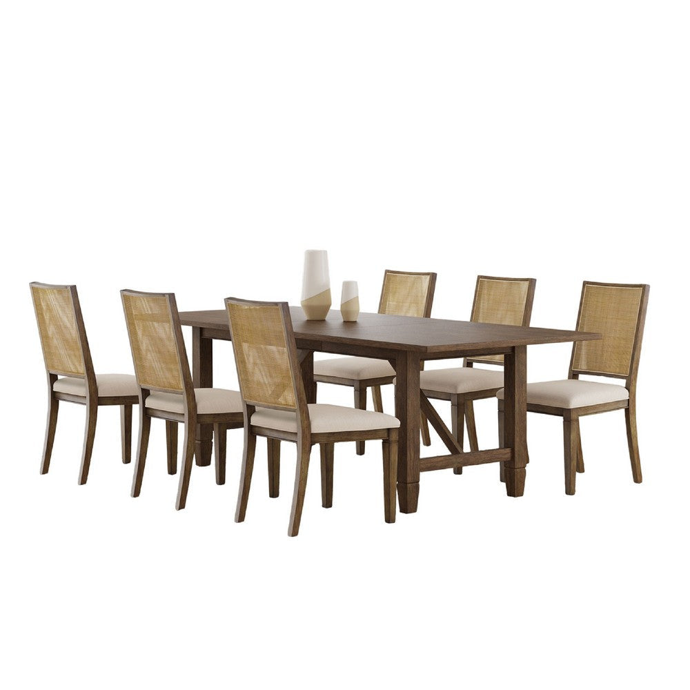 Andy 7pc Dining Table Set | Cane Rattan Back| Brown Mahogany | Beige