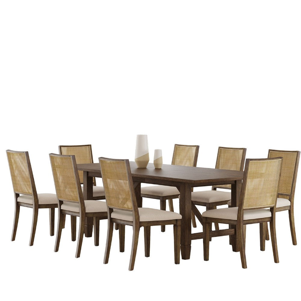 Andy 9pc Dining Table Set | Cane Rattan Back| Brown Mahogany | Beige