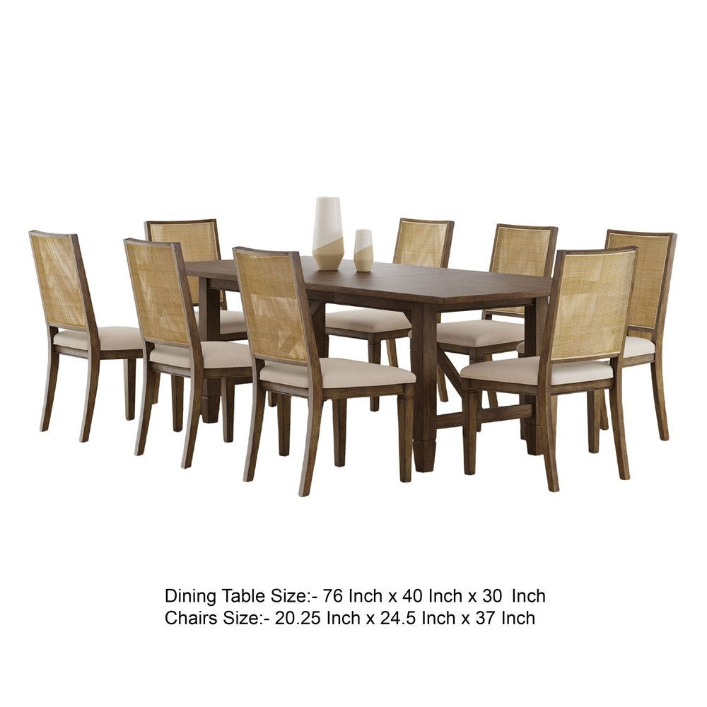 Andy 9pc Dining Table Set | Cane Rattan Back| Brown Mahogany | Beige BM338063