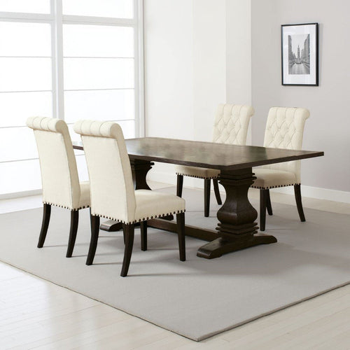 Akins 5pc Dining Table Set | Brown Pine Wood | Button Tufted Beige