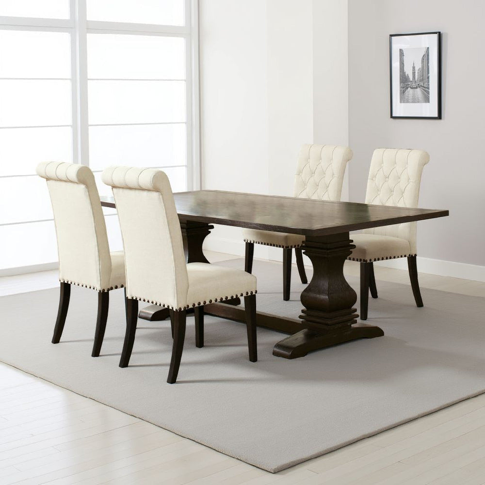 Akins 5pc Dining Table Set | Brown Pine Wood | Button Tufted Beige