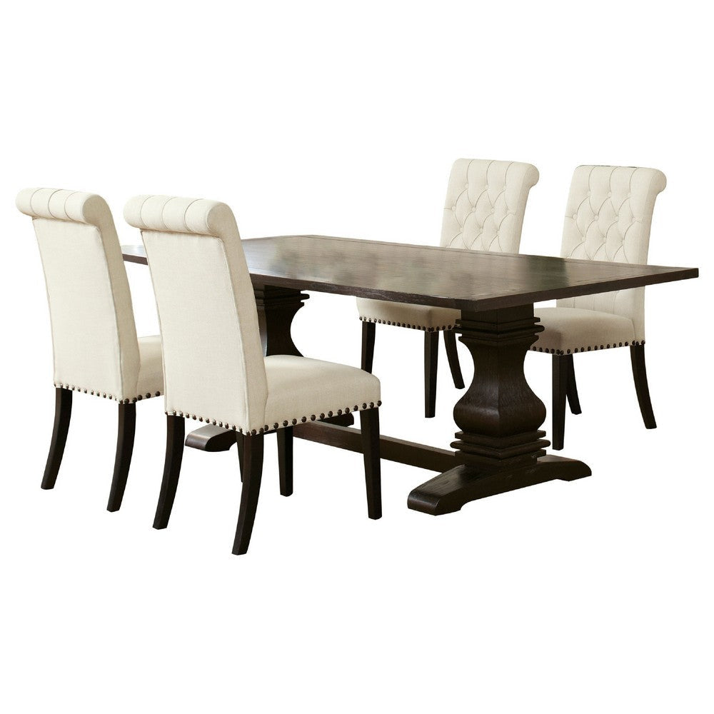 Akins 5pc Dining Table Set | Brown Pine Wood | Button Tufted Beige