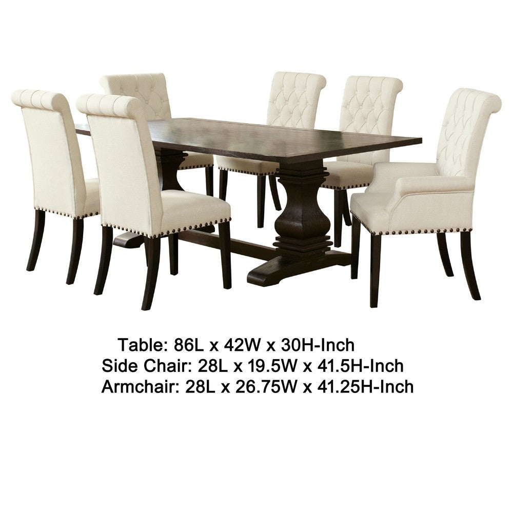 Akins 7pc Dining Table Set | Brown Pine Wood | Button Tufted Beige BM338065