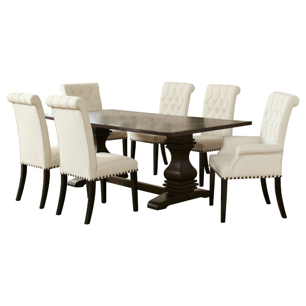 Akins 7pc Dining Table Set | Brown Pine Wood | Button Tufted Beige