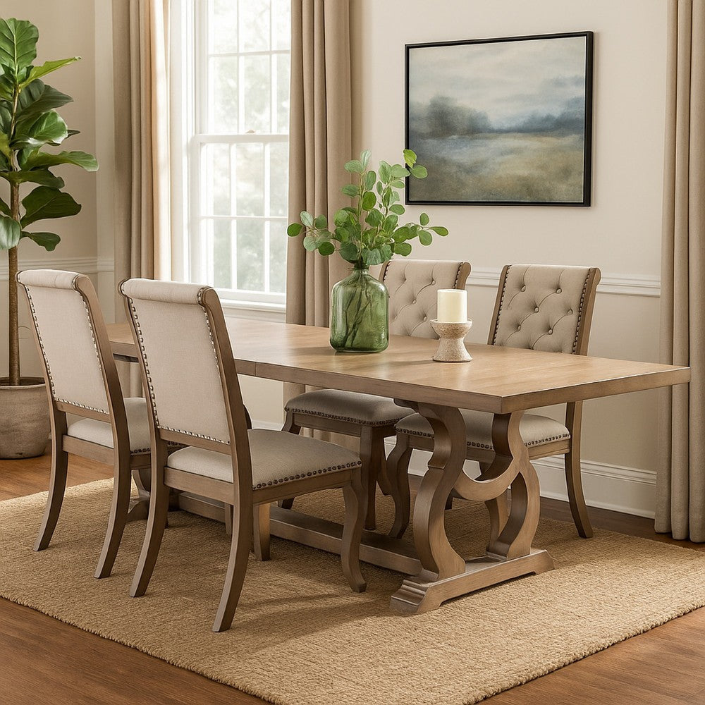 Sev 5pc Dining Table Set | 84-104" Top | 4 Cream Fabric Chairs | Barley