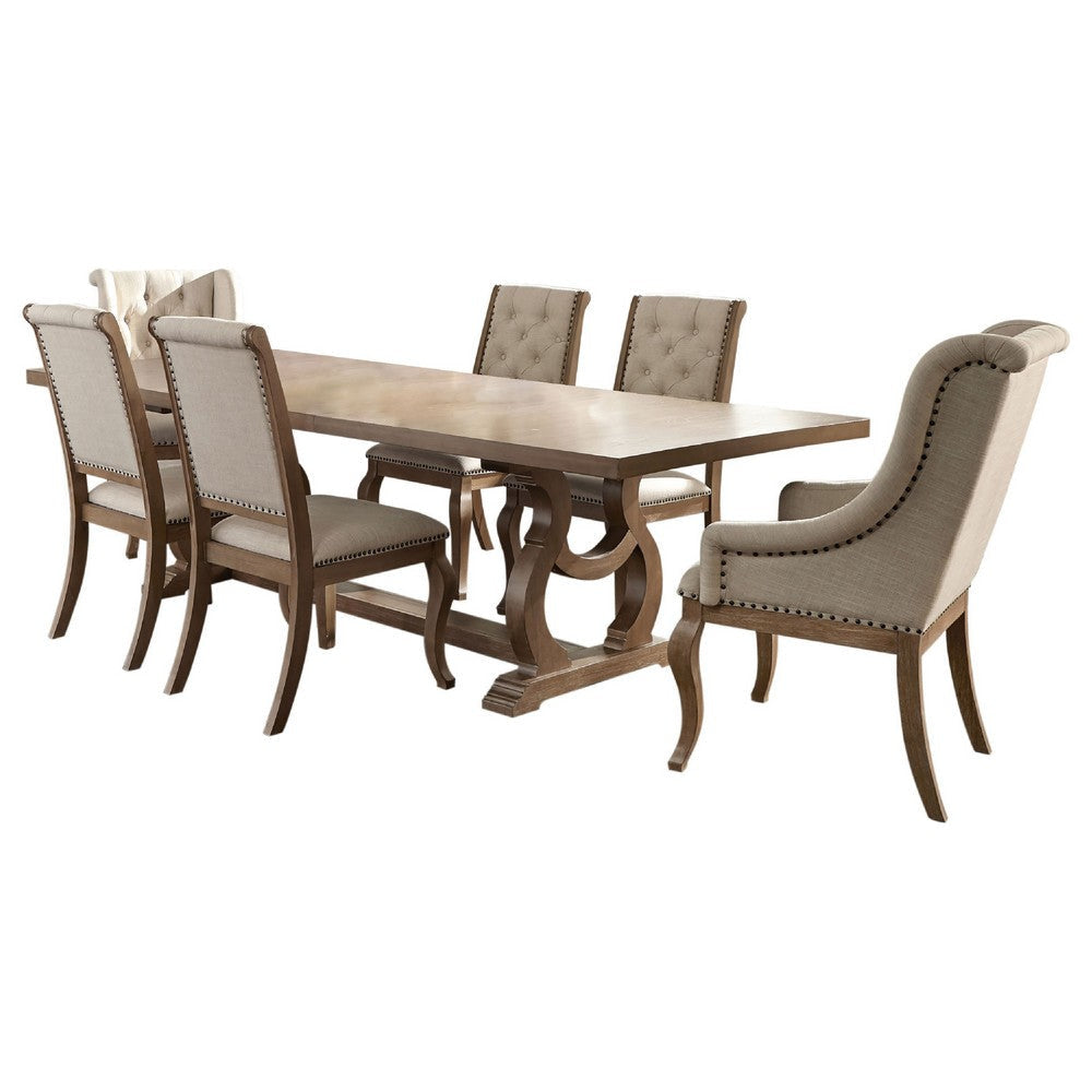 Sev 7pc Dining Table Set | 84-104’’ Top | 6 Cream Fabric Chairs | Barley Brown BM338073